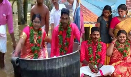 വെള്ളകെട്ടിനിടെയും പ്രണയസാഫല്യം; വരനും വധുവും വിവാഹ വേദിയിലെത്തിയത് ചെമ്പിൽ