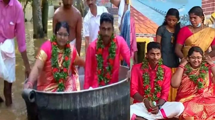 വെള്ളകെട്ടിനിടെയും പ്രണയസാഫല്യം; വരനും വധുവും വിവാഹ വേദിയിലെത്തിയത് ചെമ്പിൽ
