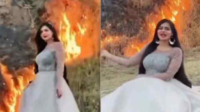 കാട്ടുതീയ്ക്ക് മുന്നില്‍ കൂളായി നടന്ന് യുവതി ഫോട്ടോഷൂട്ട് കഴിഞ്ഞപ്പോള്‍ സംഭവിച്ചത്