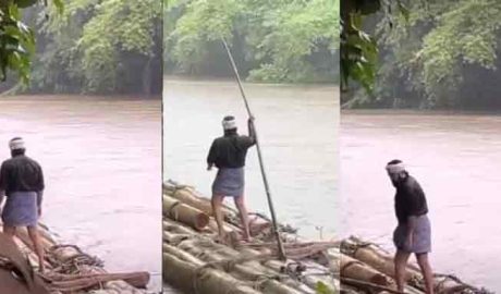 കുത്തിയൊലിക്കുന്ന പുഴയിൽ ഒറ്റക്ക് ചങ്ങാടം തുഴയുന്ന മോഹൻലാൽ; വീഡിയോ വൈറൽ