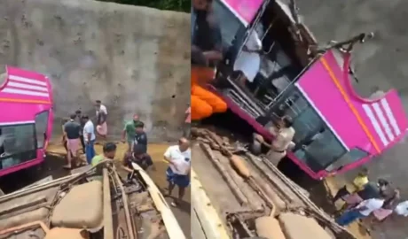 മലപ്പുറത്ത് നടുറോഡിൽ കാറിന് മുകളിലേയ്ക്ക് ബസ് തലകീഴായി മറിഞ്ഞു: ഒരു മരണം, നിരവധിപേർക്ക് പരിക്ക്, ബസ് രണ്ടായി പിളർന്നു